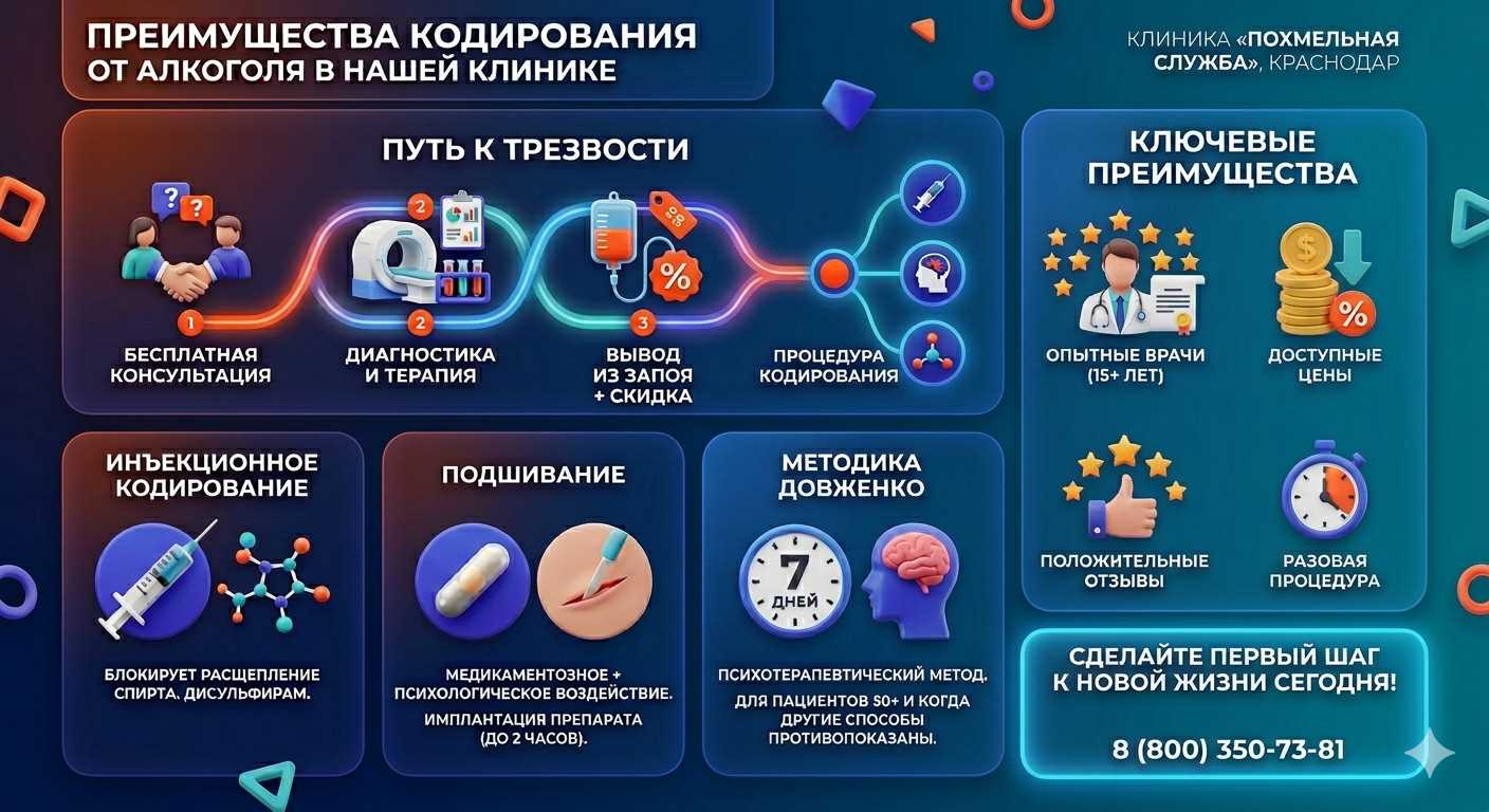 Инфографика о методах кодирования от алкоголя в Вольске: инъекции, подшивание, метод Довженко. Преимущества клиники и этапы лечения.