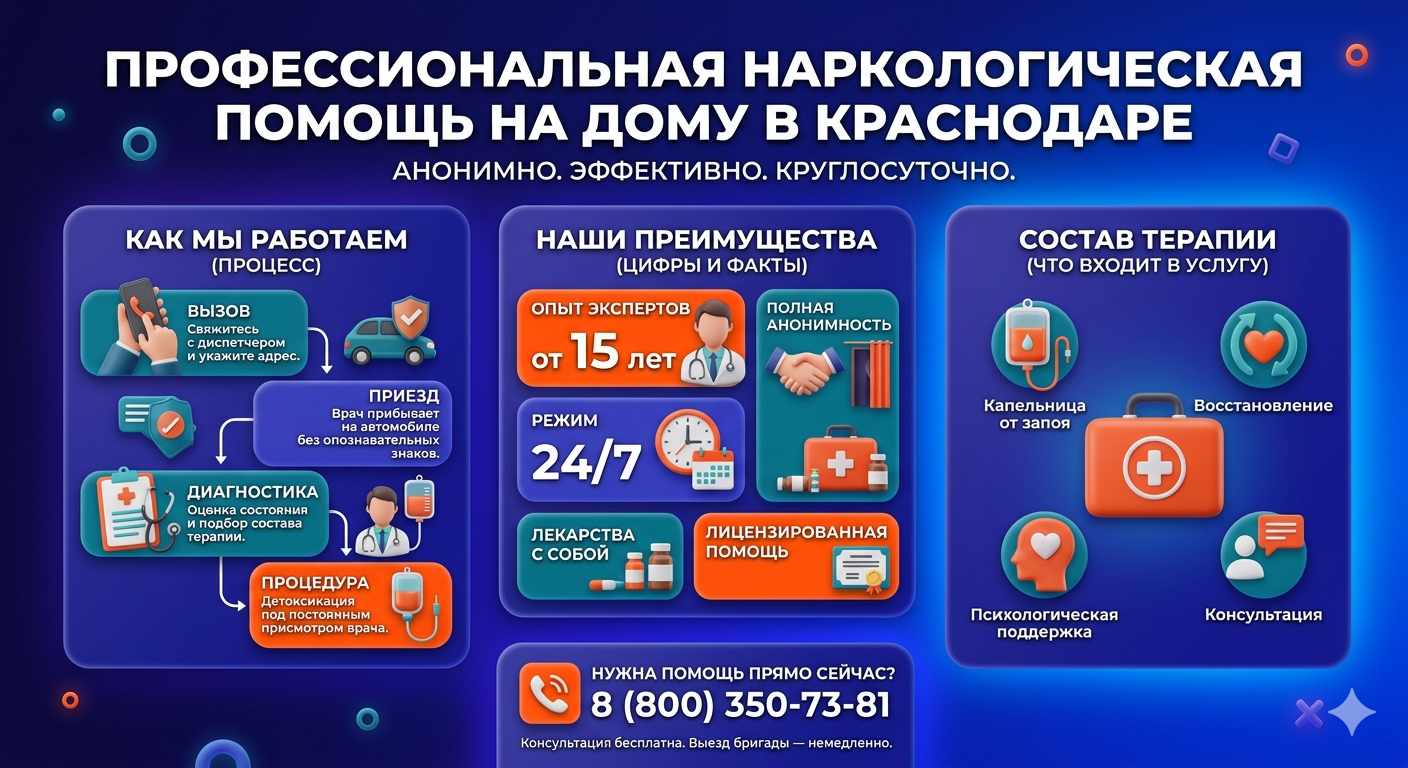 Инфографика о принципах лечения алкоголизма на дому в Вольске: этапы вызова нарколога, преимущества анонимной детоксикации и состав медицинской помощи.